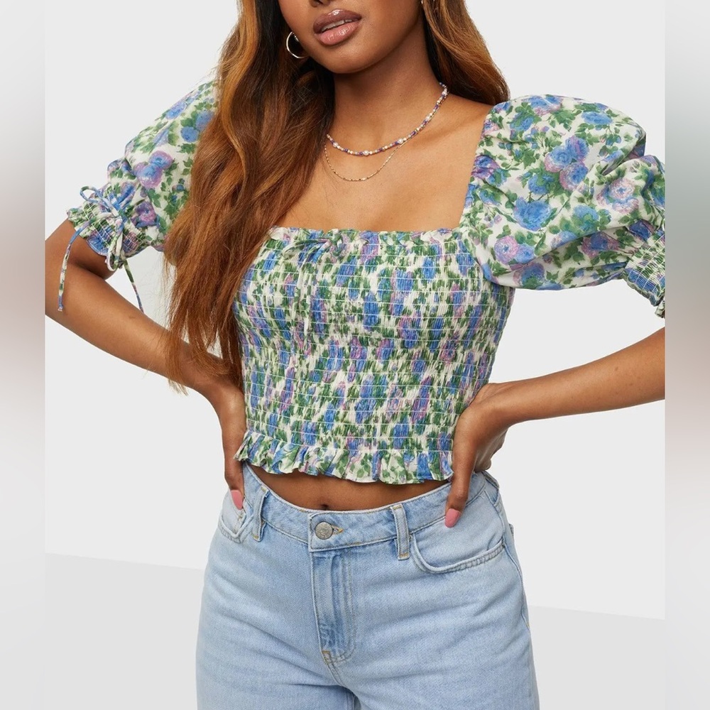 For Love & Lemons Bridget Crop Top Floral Coquette Milkmaid Balloon Sleeve